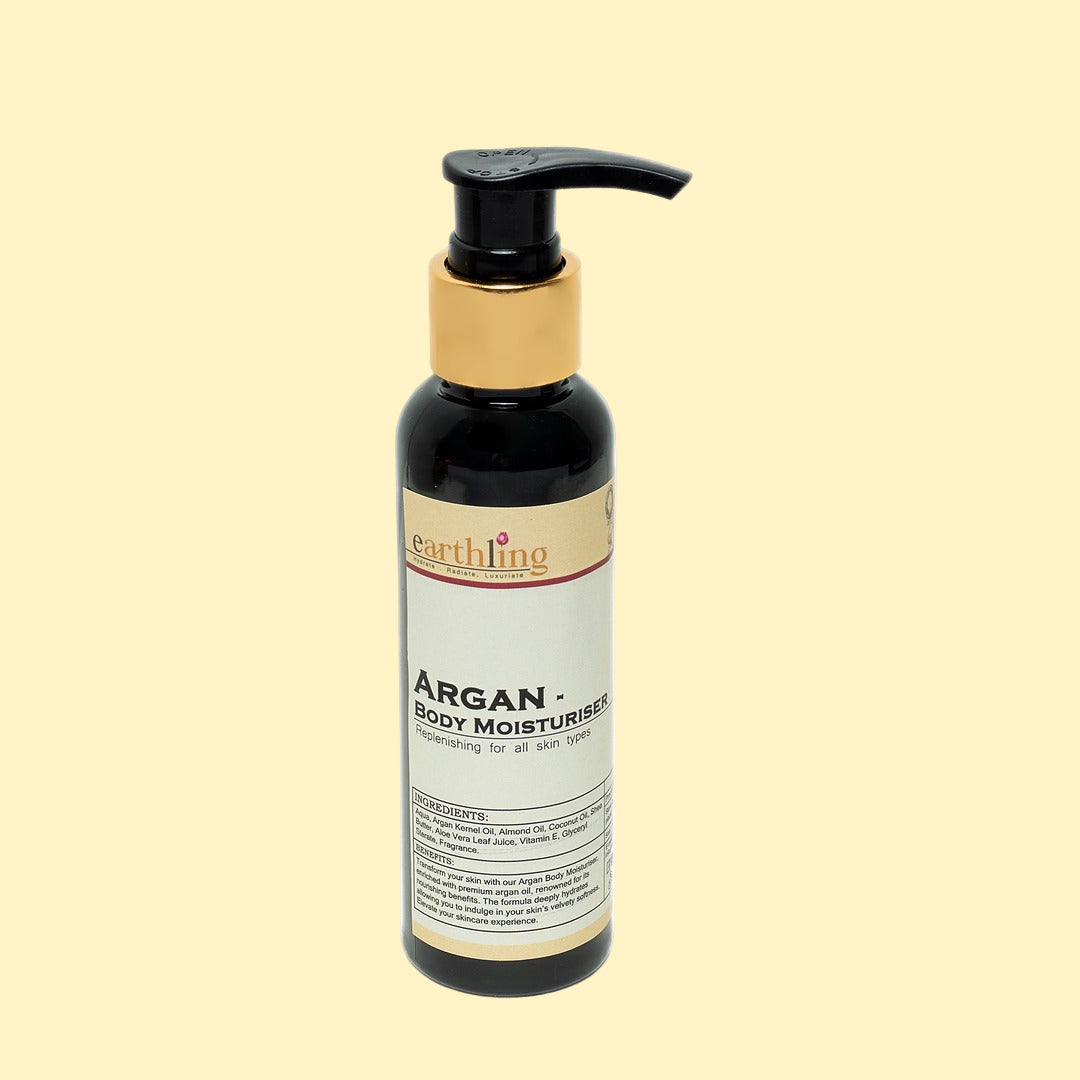 Earthling Argan Body Moisturizer – nourishing, lightweight, and cruelty-free.